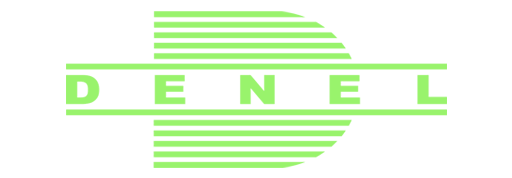 Green Denel logo with horizontal lines forming a large letter "D" and the word "DENEL" in uppercase letters across the centre. - Alwande Tech