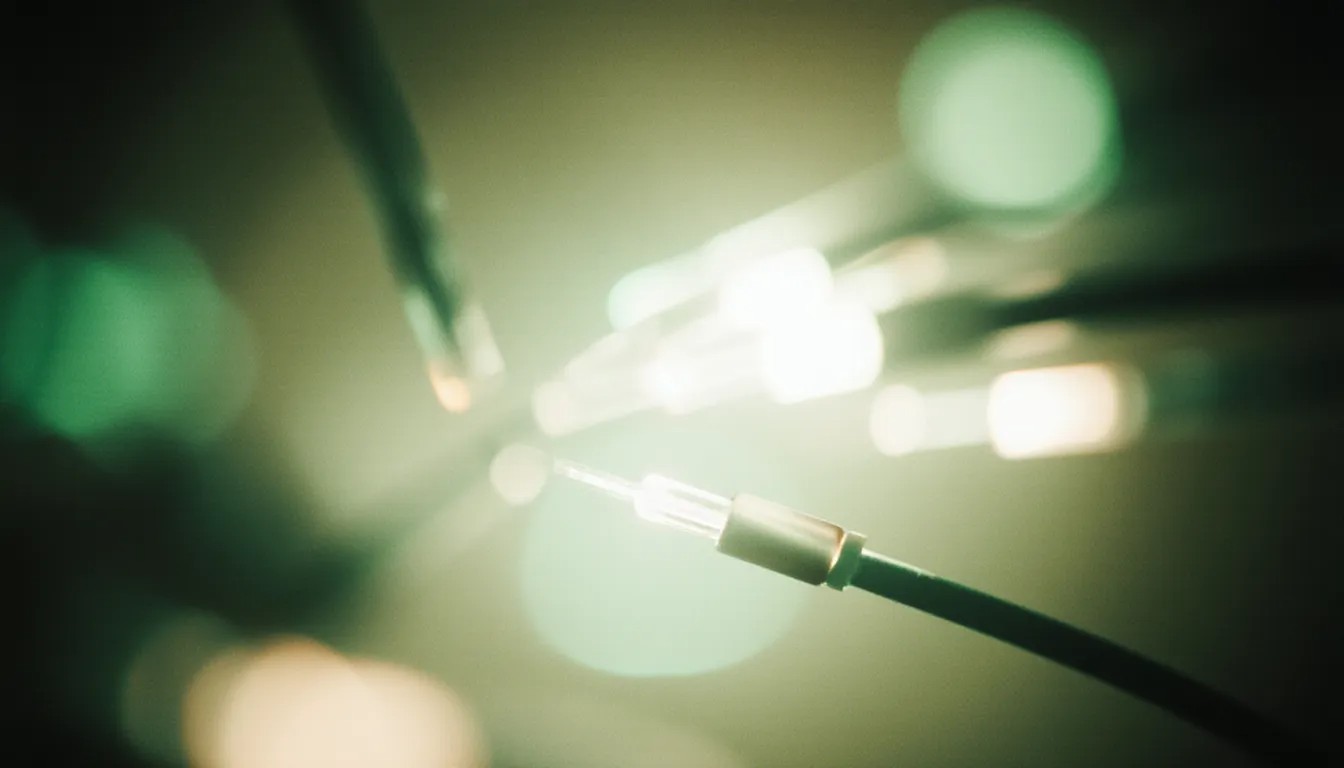 Close-up of several fibre optic cables emitting light, with a blurred greenish background. - Alwande Tech