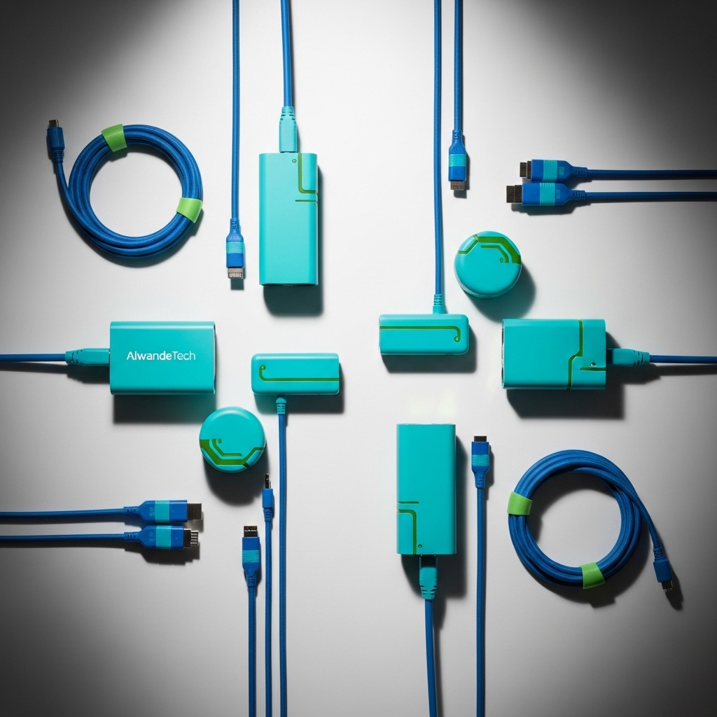A variety of turquoise tech accessories and blue cables, representing AlwandeTech South Africa, are neatly arranged on a white surface with overhead lighting. - Alwande Tech