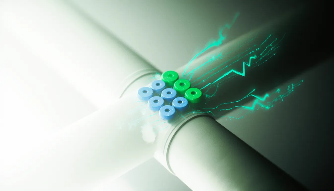Digital illustration of intersecting pipes with glowing green and blue cylindrical objects and light streaks, inspired by sensing systems South Africa, suggesting dynamic data or energy transfer. - Alwande Tech