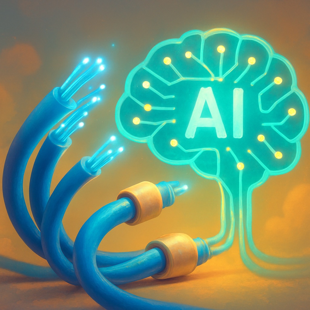Three fibre optic cables connect to a glowing brain-shaped figure labelled "AI," representing artificial intelligence and data connectivity. - Alwande Tech