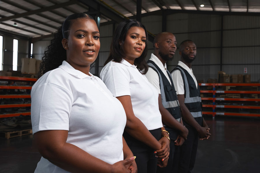 Four warehouse workers in uniform stand in a row inside an industrial warehouse storing electrical consumables South Africa relies on, looking at the camera. - Alwande Tech