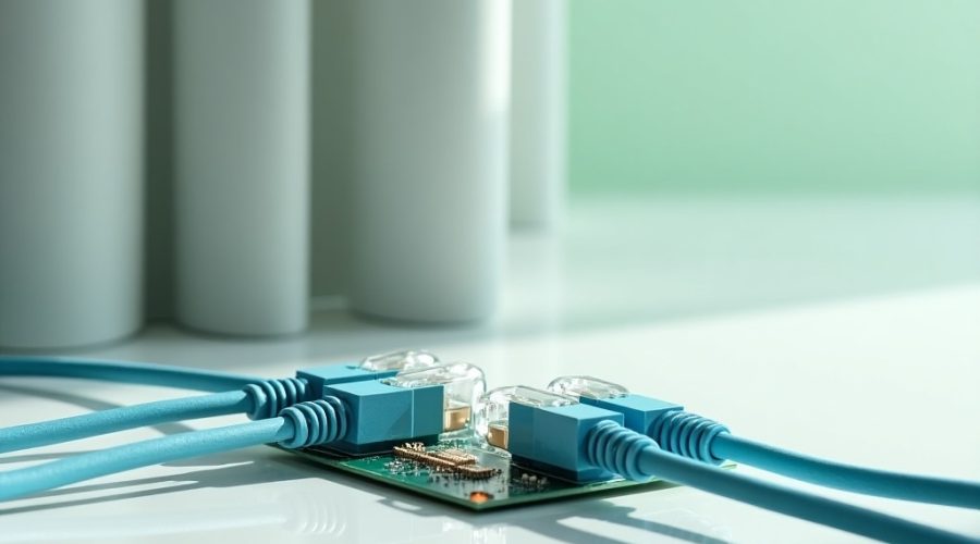 A small circuit board with two blue Ethernet cables connected, placed on a white surface with cylindrical objects in the background. - Alwande Tech