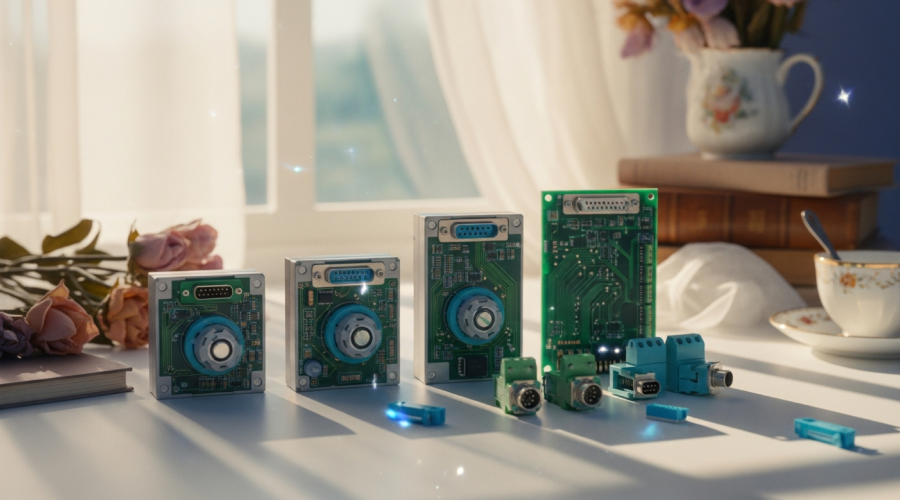 Various green electronic circuit boards and connectors, including industrial components South Africa relies on, are displayed on a sunlit table near flowers, books, and a teacup, with a window in the background. - Alwande Tech